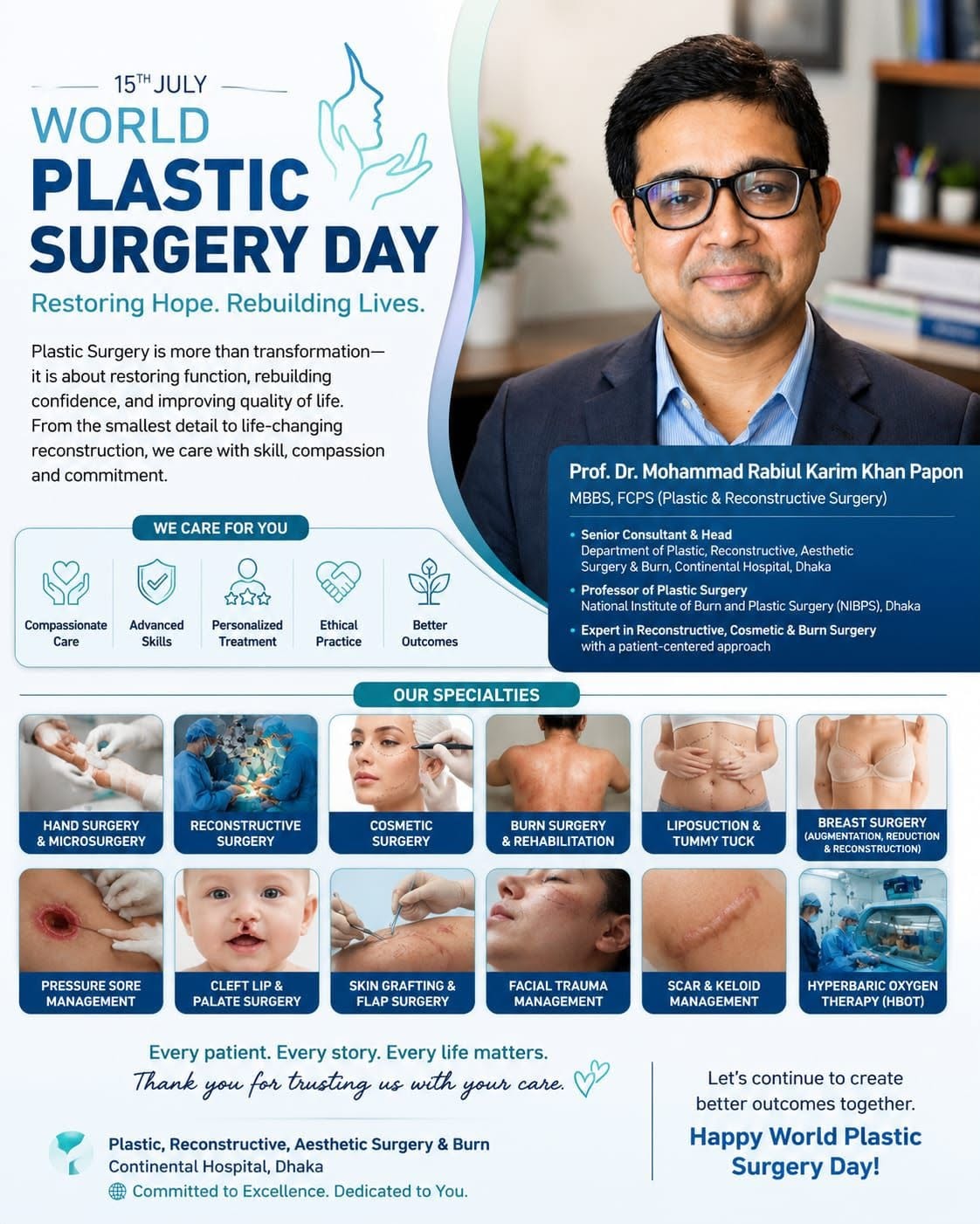 World Plastic Surgery Day poster listing specialties